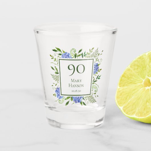 Verre A Shot Hydrangeas bleus pour 90e anniversaire (Devant)