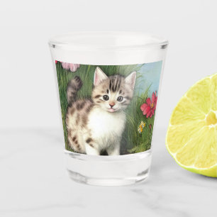 Verre A Shot Illustration vintage de chat avec Fleurs rouges