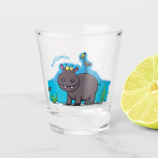 Verre A Shot Ippopotame drôle mignon avec dessin animé d'oiseau (Devant)