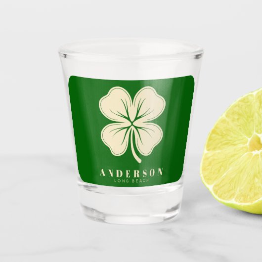 Verre A Shot Irlandais Lucky Four Leaf Clover avec le nom vert (Devant)