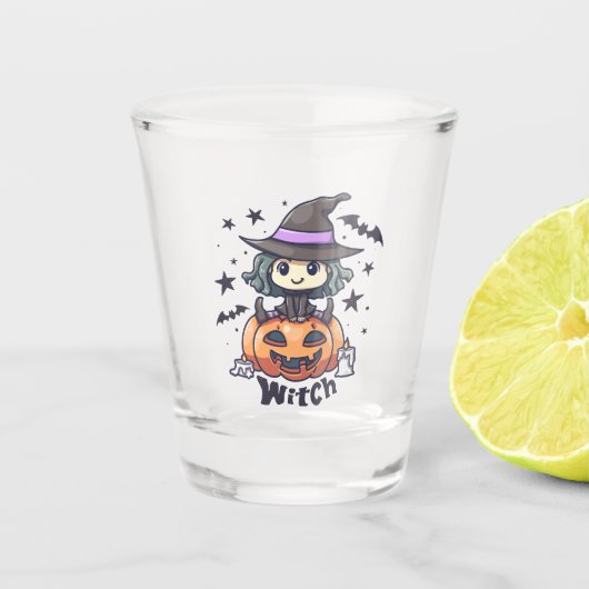 Verre A Shot Jolie sorcière enfant assise sur un Citrouille - " (Devant)