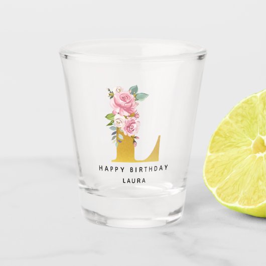 Verre A Shot Joyeux Anniversaire Floral Monogramme L Nom person (Devant)