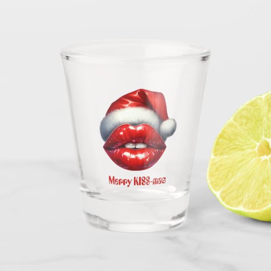 Verre A Shot Joyeux KISS-mas Lèvres rouges Rouge Santa Chapeau (Devant)