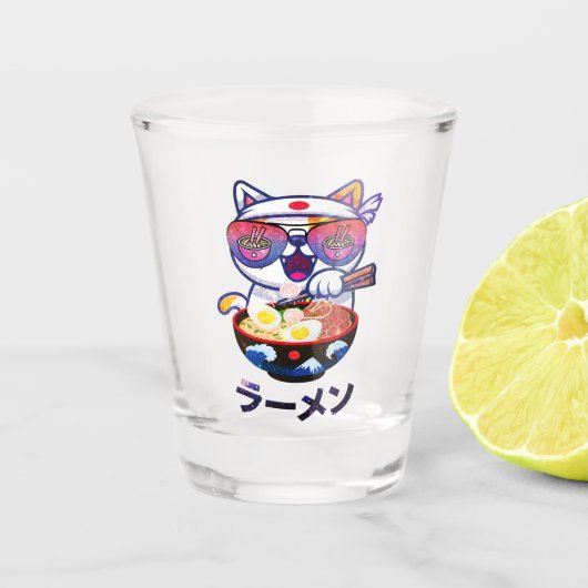 Verre A Shot Kawaii Chat Manger Des nouilles Ramen (Devant)