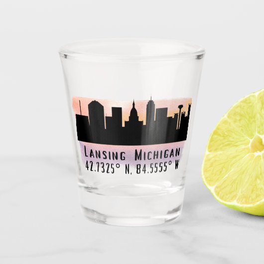 Verre A Shot Lansing MI City Skyline Latitude et Longitude (Devant)