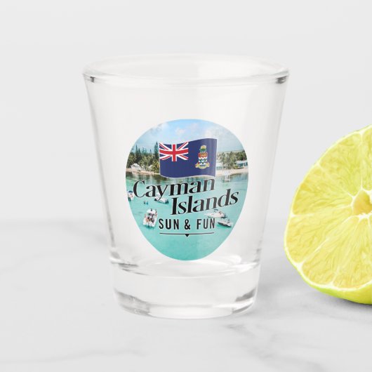 Verre A Shot "Les Îles Caïmans Soleil & Amusement" Avec Drapeau (Devant)