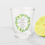 Verre A Shot Limoncello Verdure Personnalisé Monogramme Favoris<br><div class="desc">Le feuillage de citron et la couronne de fruits avec toutes les informations en police serif rustique pour votre parfait verre limoncello tourné. Parfait pour un cadeau de faveur ou un souvenir de votre mariage.</div>