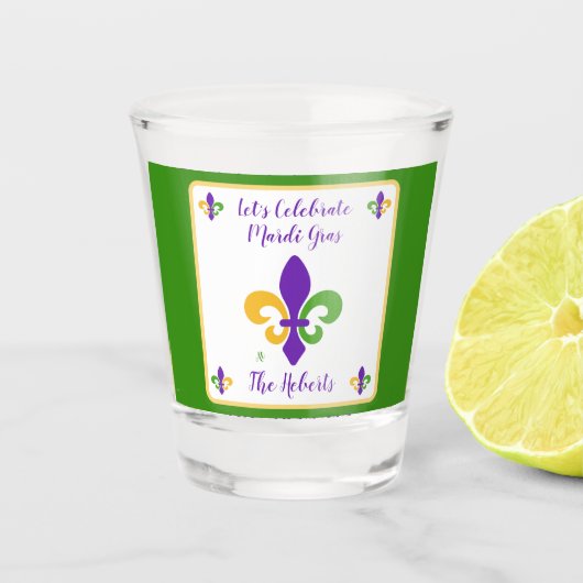 Verre A Shot Mardi Gras NOM Vert Or Violet Fleur de Lis (Devant)