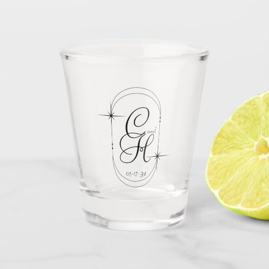 Verre A Shot Mariage Enregistrer la date Monogramme Boho Script (Devant)