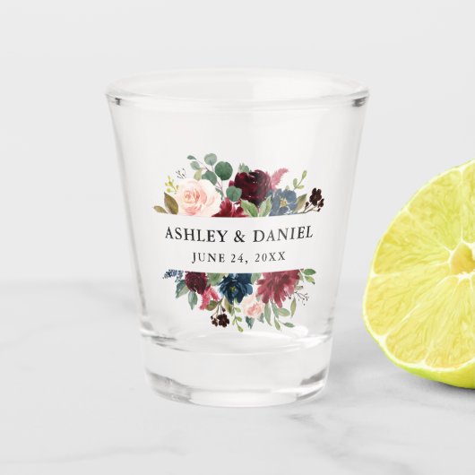 Verre A Shot Mariage floral bleu de Bourgogne d'aquarelle (Devant)