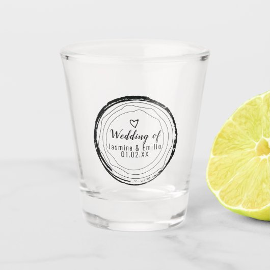 Verre A Shot Mariage Noir Cercles Coeur Bois Grain Couples (Devant)