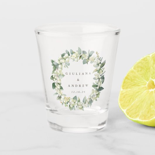 Verre A Shot Mariage personnalisé Snowberry & Eucalyptus Wreath (Devant)