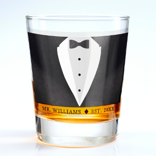 Verre A Shot Marié Monsieur en costume noir et noeud papillon