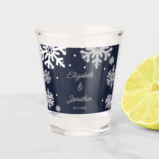 Verre A Shot Marine Blue Snowflakes Mariage d'hiver (Devant)