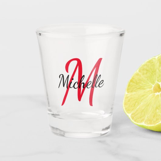 Verre A Shot Mignonne moderne rouge Nom Monogramme + Initiale (Devant)