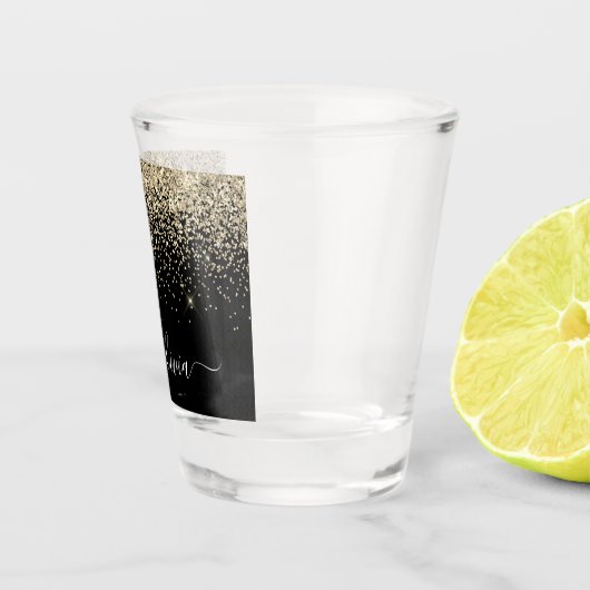 Verre A Shot Monogramme de nom girly script pailleté or noir (Droite)