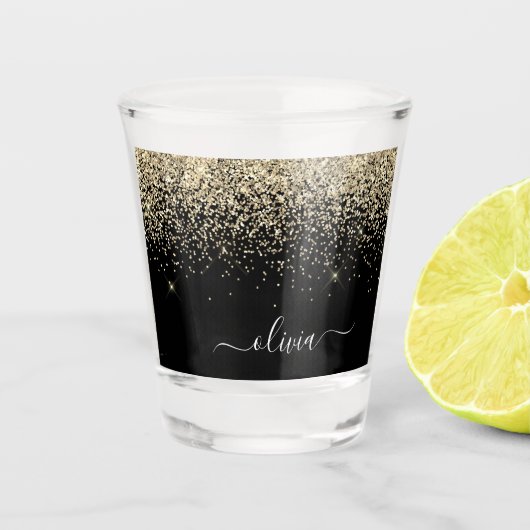 Verre A Shot Monogramme de nom girly script paillettes noir or (Devant)