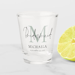 Verre A Shot Monogramme Nom initial Script Bridesmaid Sage