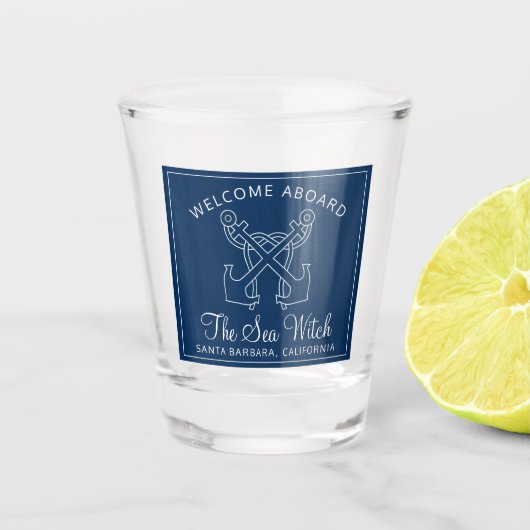 Verre A Shot Nautical Navy Blue Welcome Aboard Nom du bateau (Devant)