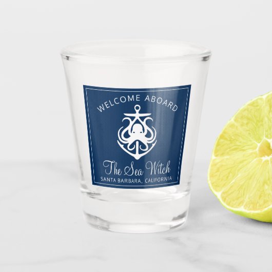 Verre A Shot Nautique Marine Blue Welcome Aboard Nom du bateau (Devant)