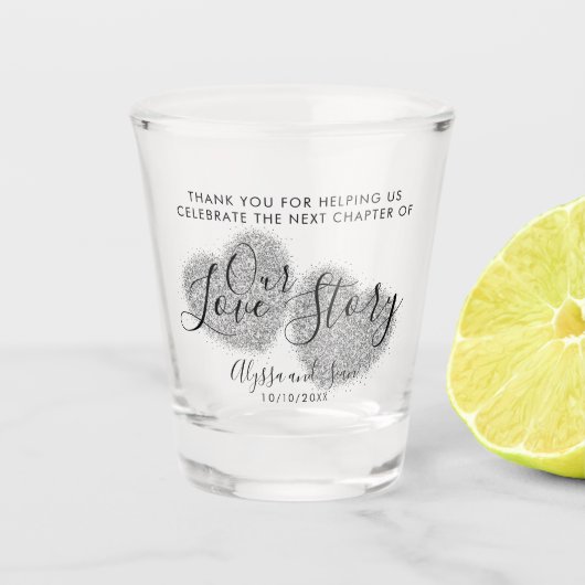 Verre A Shot Notre histoire d'amour Parties scintillant d'argen (Devant)