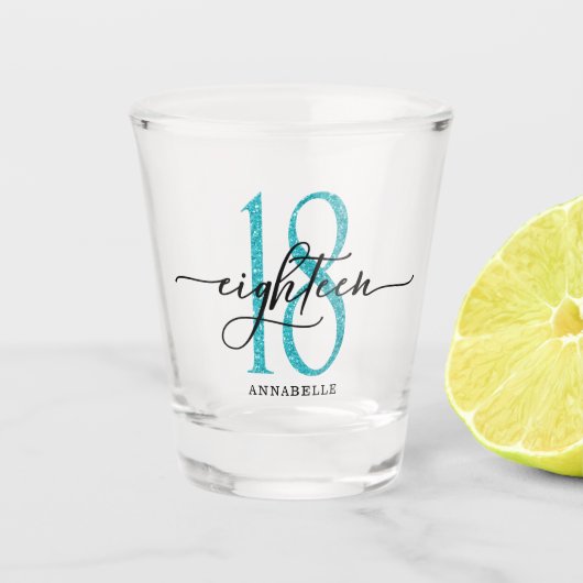 Verre A Shot Parties scintillant Blue Faux 18e anniversaire (Devant)