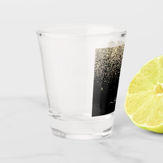 Verre A Shot Parties scintillant Noir Or Script Monogramme Nom (Gauche)