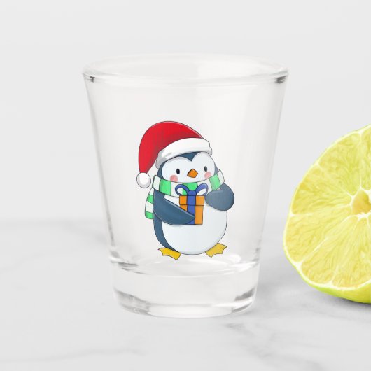 Verre A Shot Penguin dans un casquette de Noël avec un cadeau (Devant)