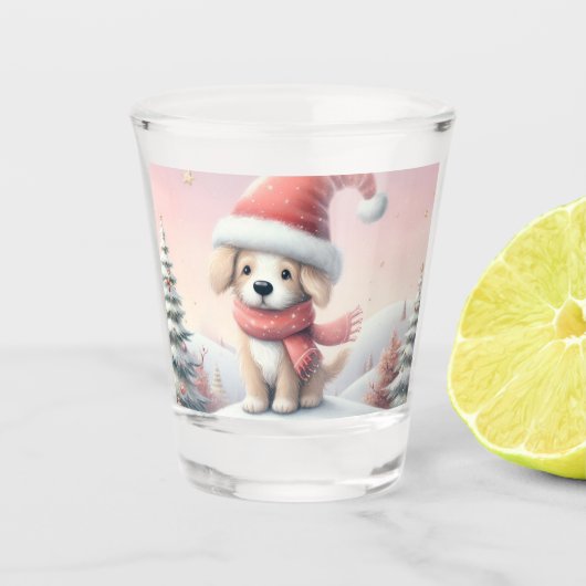 Verre A Shot Petit chiot de Noël en chapeau santa (Devant)