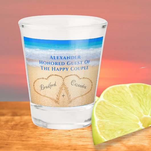 Verre A Shot Plage Coeurs de mariage dans le sable Bienvenue ve
