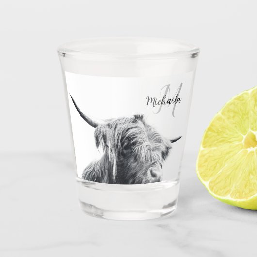 Verre A Shot Portrait de vache Highland premier monogramme noir (Devant)