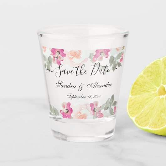 Verre A Shot Rouge Goutte Fleurs Save The Date Mariage (Devant)
