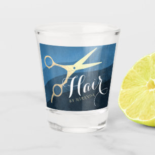 Verre A Shot Salon des cheveux Coiffeuse Ciseaux bleu et or mod