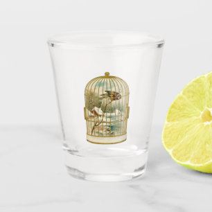 Verre A Shot Scène Cabine d'hiver avec oiseaux en cage à oiseau