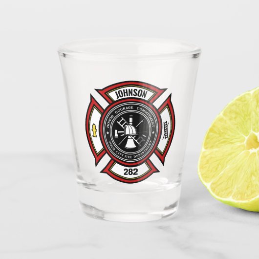 Verre A Shot Service d'incendie AJOUTER LE NOM Pompier Insigne  (Devant)