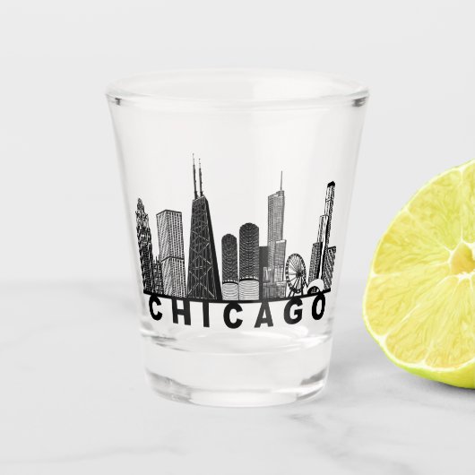 Verre A Shot Silhouette de l'horizon de Chicago (Devant)