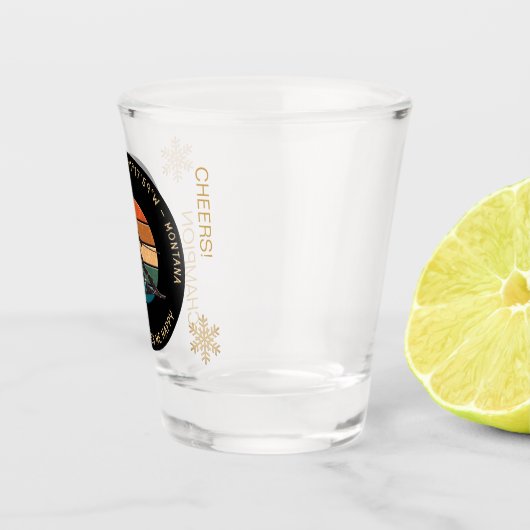 Verre A Shot Ski Big Sky, Montana - Femme Skier, Texte Jaune (Droite)