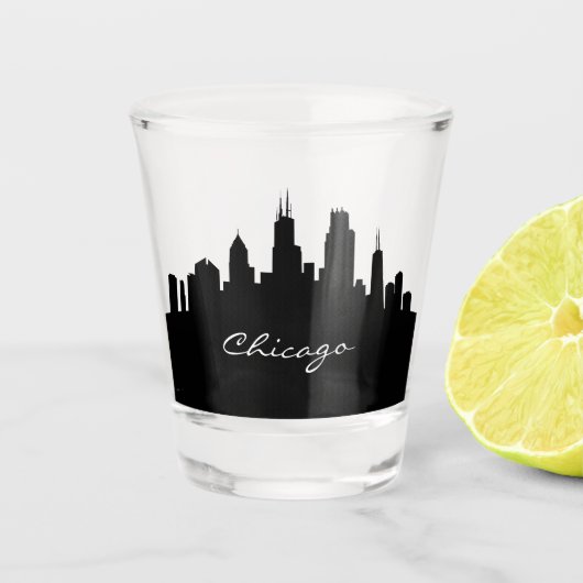 Verre A Shot Skyline de Chicago noir et blanc (Devant)