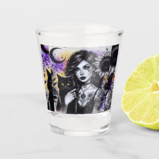 Verre A Shot Sorcière gothique céleste et chat noir
