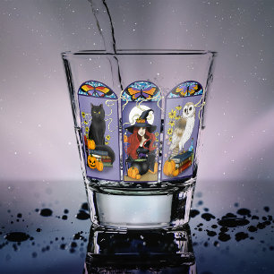 Verre A Shot Sorcière gothique chat noir hibou Halloween Art no