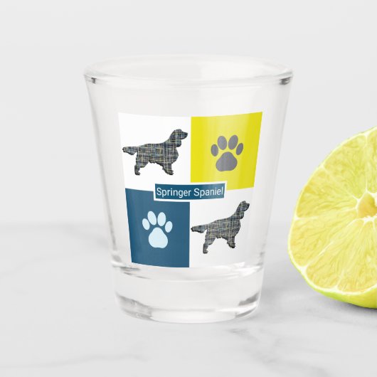 Verre A Shot Springer Spaniel Chien Silhouette et Paw Y&B Grid (Devant)