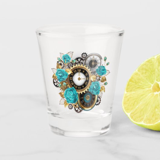 Verre A Shot Steampunk Clock and Turquoise Roses on Striped (Devant)