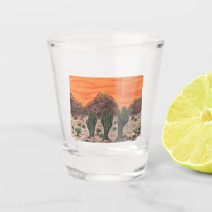 Verre A Shot Trois cactus du Saguaro dans un beau coucher de so