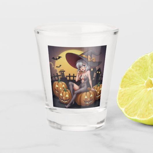 Verre A Shot Une sorcière d'Halloween aux yeux verts sur Jack-O (Devant)