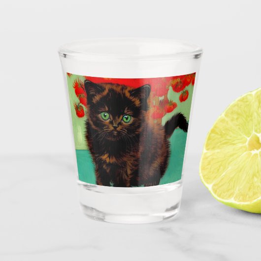 Verre A Shot Van Gogh Chat noir Fleurs rouges (Devant)