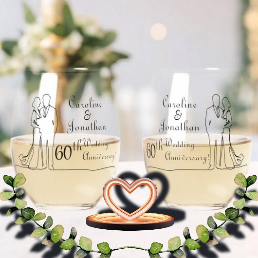 Verre À Vin Sans Pied 60e Anniversaire de Mariage Diamond Ligne Couple A