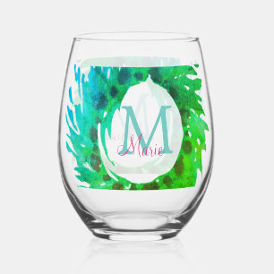 Verre À Vin Sans Pied Ajouter une couronne de Noël vert rose monogramme