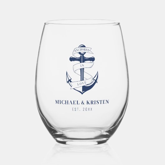 Verre À Vin Sans Pied Ancré en amour Nautique Bleu Ancre Mariage (Recto)