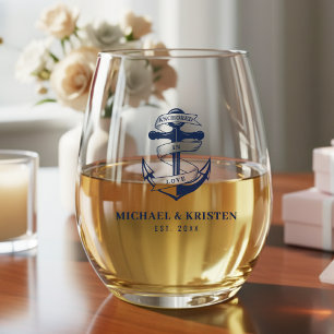 Verre À Vin Sans Pied Ancré en amour Nautique Bleu Ancre Mariage