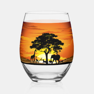 Verre À Vin Sans Pied Animaux sauvages sur le coucher de soleil de la sa